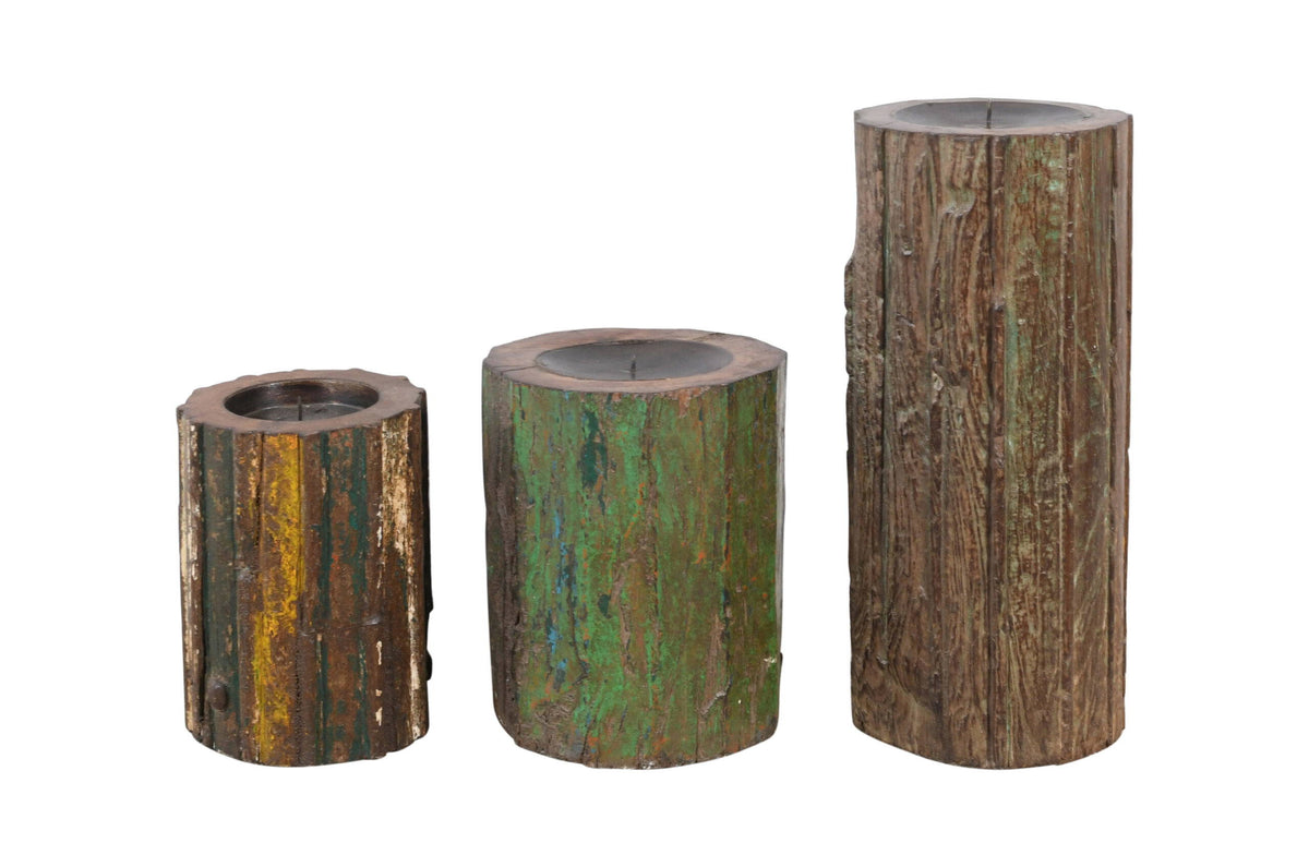 Antique Indian Reclaimed Painted Teak Wood Column Pillar Candle Holder