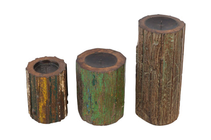 Antique Indian Reclaimed Painted Teak Wood Column Pillar Candle Holder
