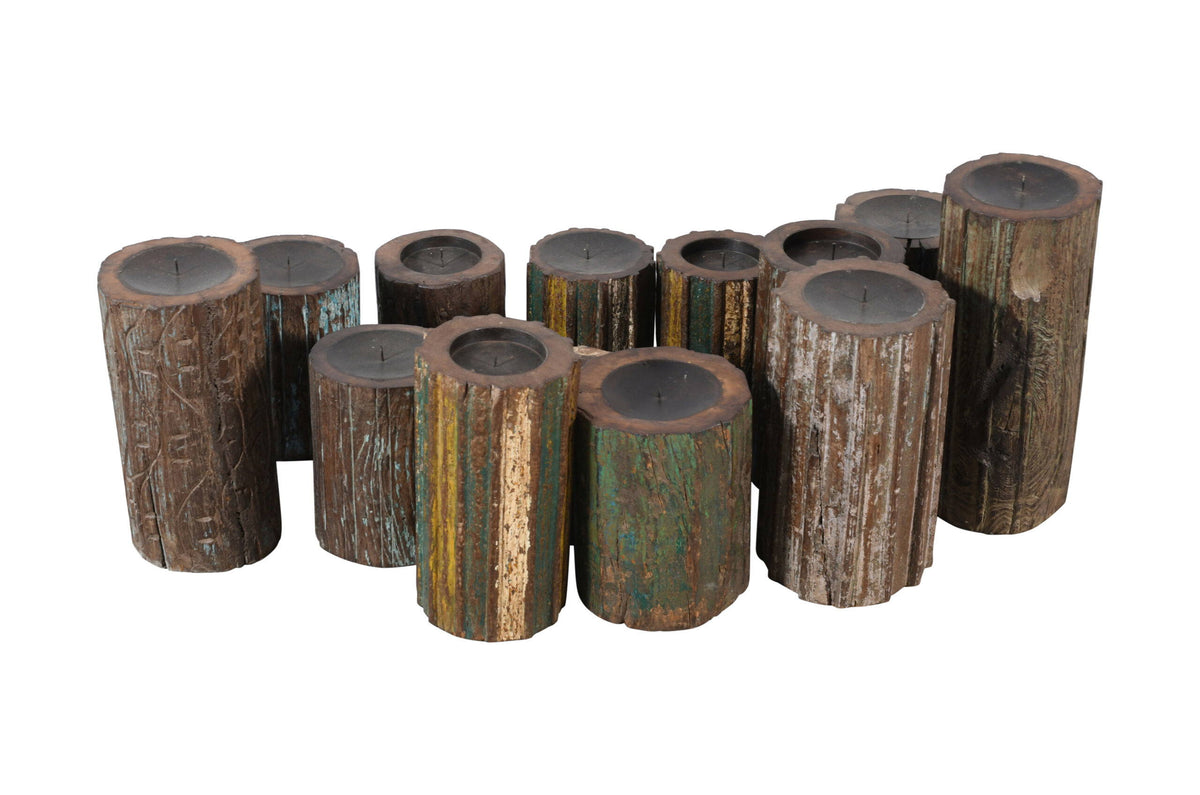 Antique Indian Reclaimed Painted Teak Wood Column Pillar Candle Holder