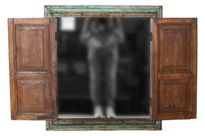 Antique Indian Teak Wood Shutter Windows Mirror