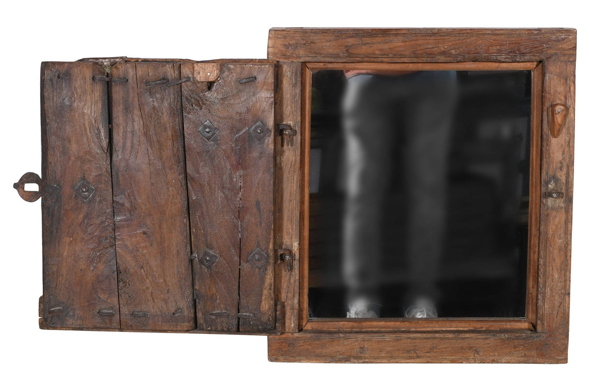 Antique Indian Teak Wood Shutter Windows Mirror
