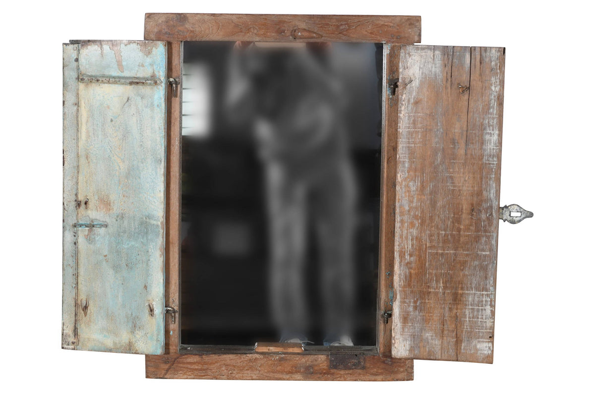 Antique Indian Teak Wood Shutter Windows Mirror