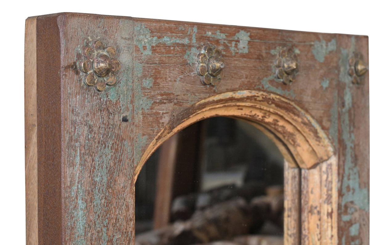 Antique Indian Painted Teak Wood Jali Door Mirror Garden Or Home