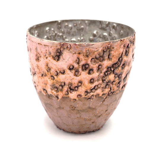 INDIAN GLASS VOTIVE T-LIGHT HOLDER IN PINK AND BROWN RUSTIC MERCURY COLOUR