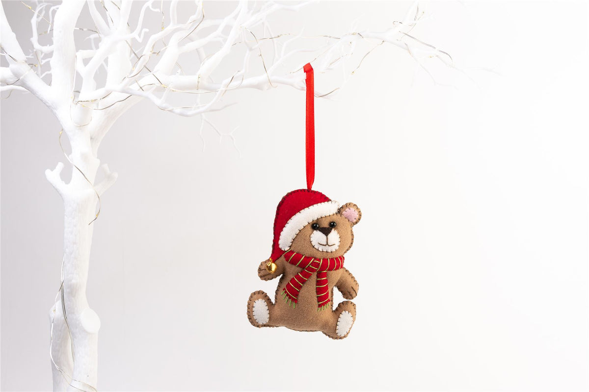 Handmade Felt Teddy Bear Red Scarf Christmas Tree Hanging Decoration - 13 cm
