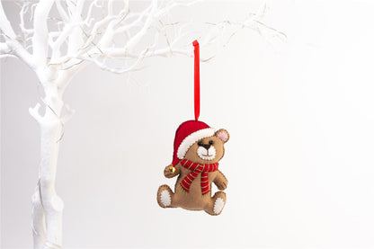 Handmade Felt Teddy Bear Red Scarf Christmas Tree Hanging Decoration - 13 cm
