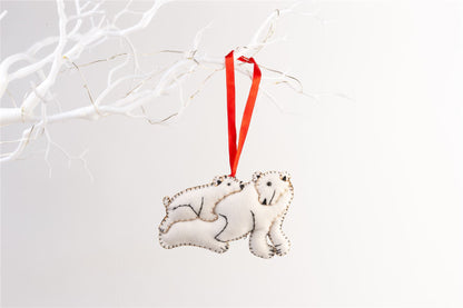 Handmade Felt Polar Bear with Cub Christmas Tree Hanging Decoration - 7.5 cm