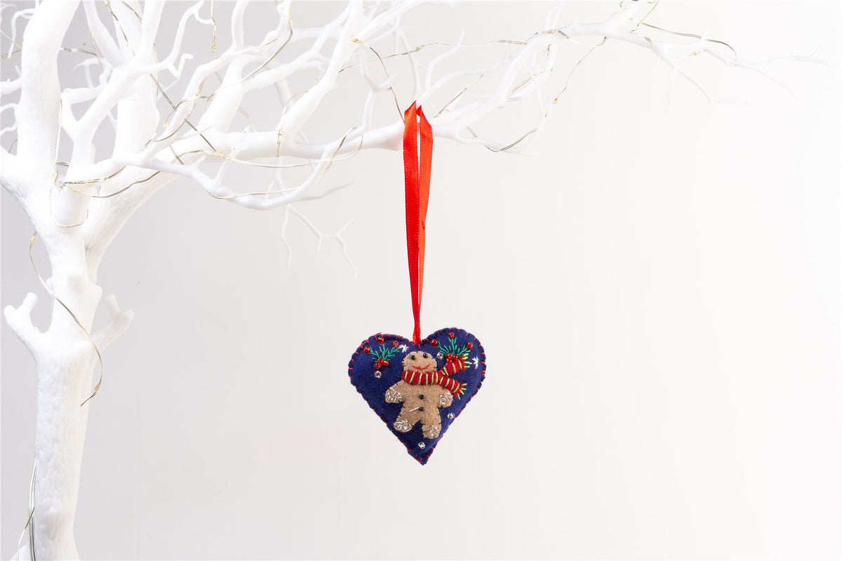 Handmade Felt Gingerbread Man Heart Christmas Tree Hanging Decoration - 6.5 cm