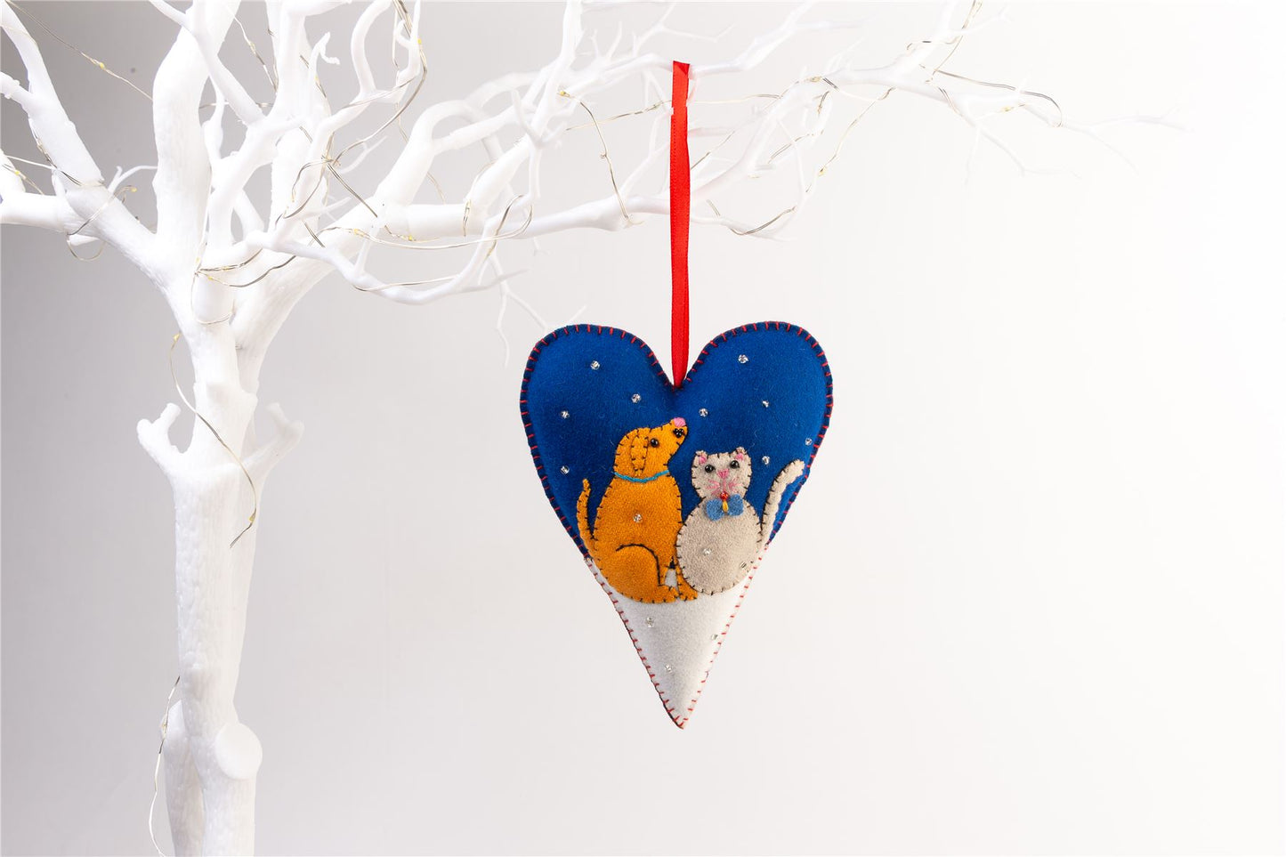 Handmade Felt Dog and Cat Heart Christmas Tree Hanging Decoration - 16 cm