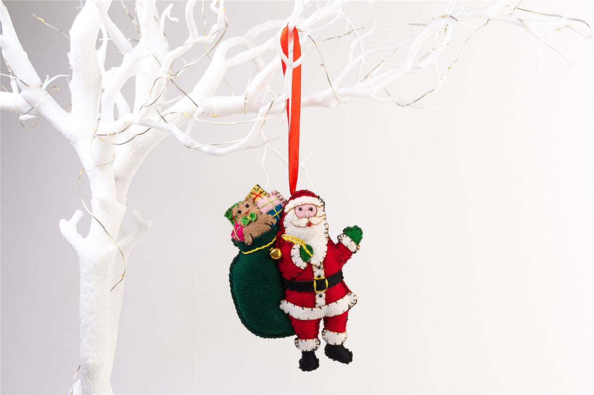 Handmade Felt Santa with His Sack Christmas Tree Hanging Decoration - 13 cm